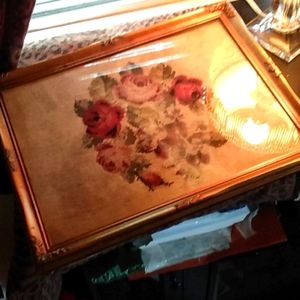 Antique needle point wool embroidered roses . Huge